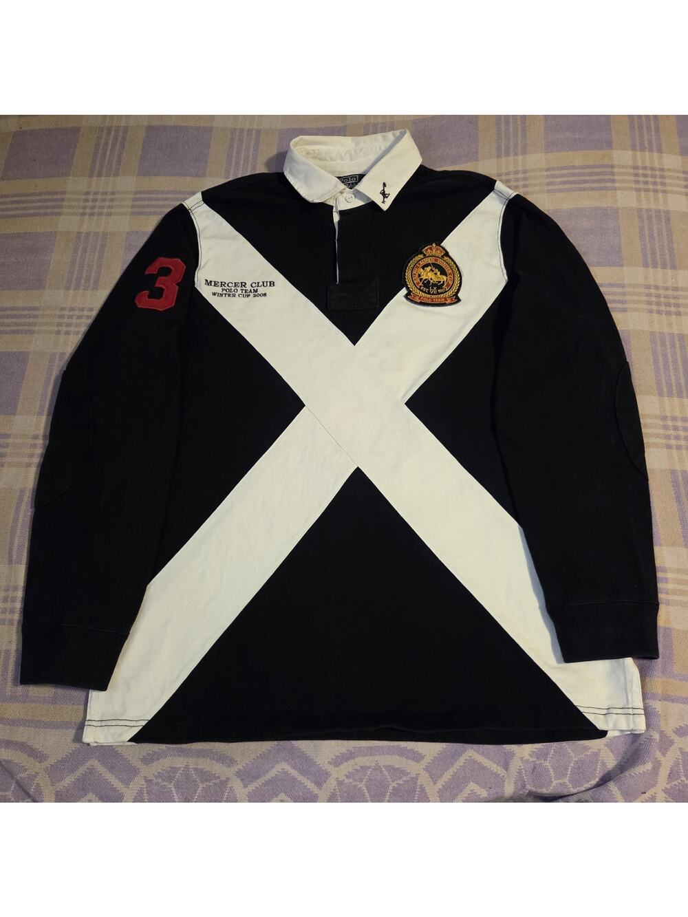 RARE Vtg 90s Polo Ralph Lauren Rugby Mercer Club #3 Heavy Long Sleeve Shirt 2008